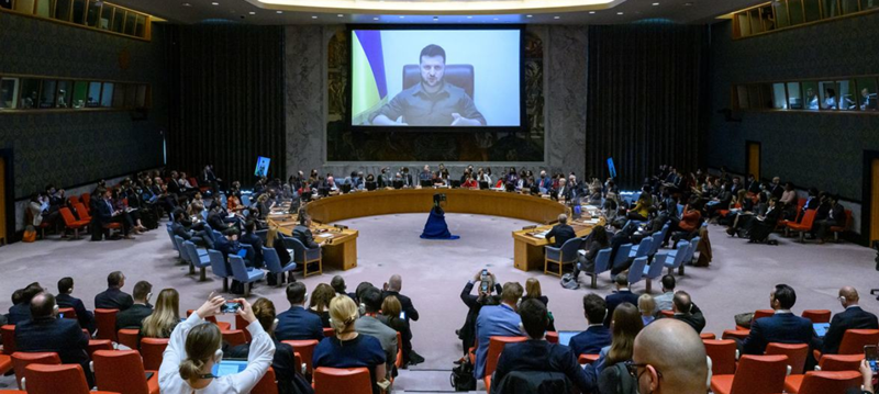 UN Photo/Loey Felipe Presidente da Ucrânia, Volodymyr Zelensky, discursa na reunião do Conselho de Segurança sobre a situação na Ucrânia
